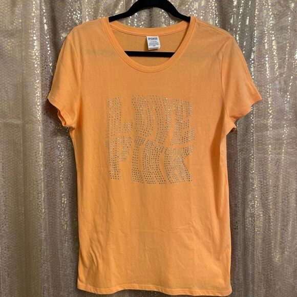 PINK Victorias Secret Orange Shine Rhinestone Bling Love Pink Top, Large - Picture 1 of 6